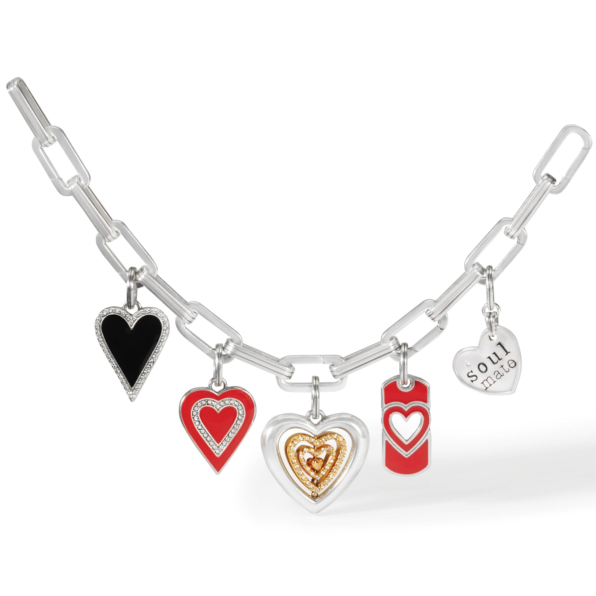 Brighton silver-plated charm bracelet with black, red, and gold heart charms and crystal accents on a white background