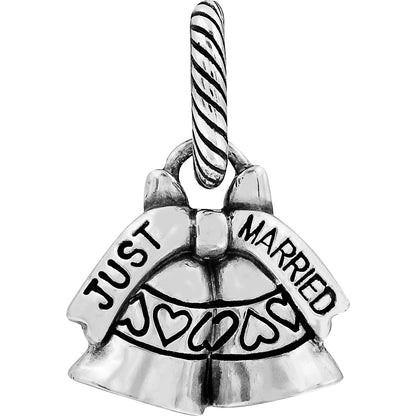 Brighton wedding bells charm with Just Married banner, heart accents, and silver-plated cable bail on a white background
