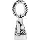 Brighton silver-plated bell charm with rope-textured loop and engraved heart and script details on a white background