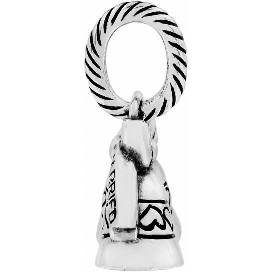 Brighton silver-plated bell charm with rope-textured loop and engraved heart and script details on a white background