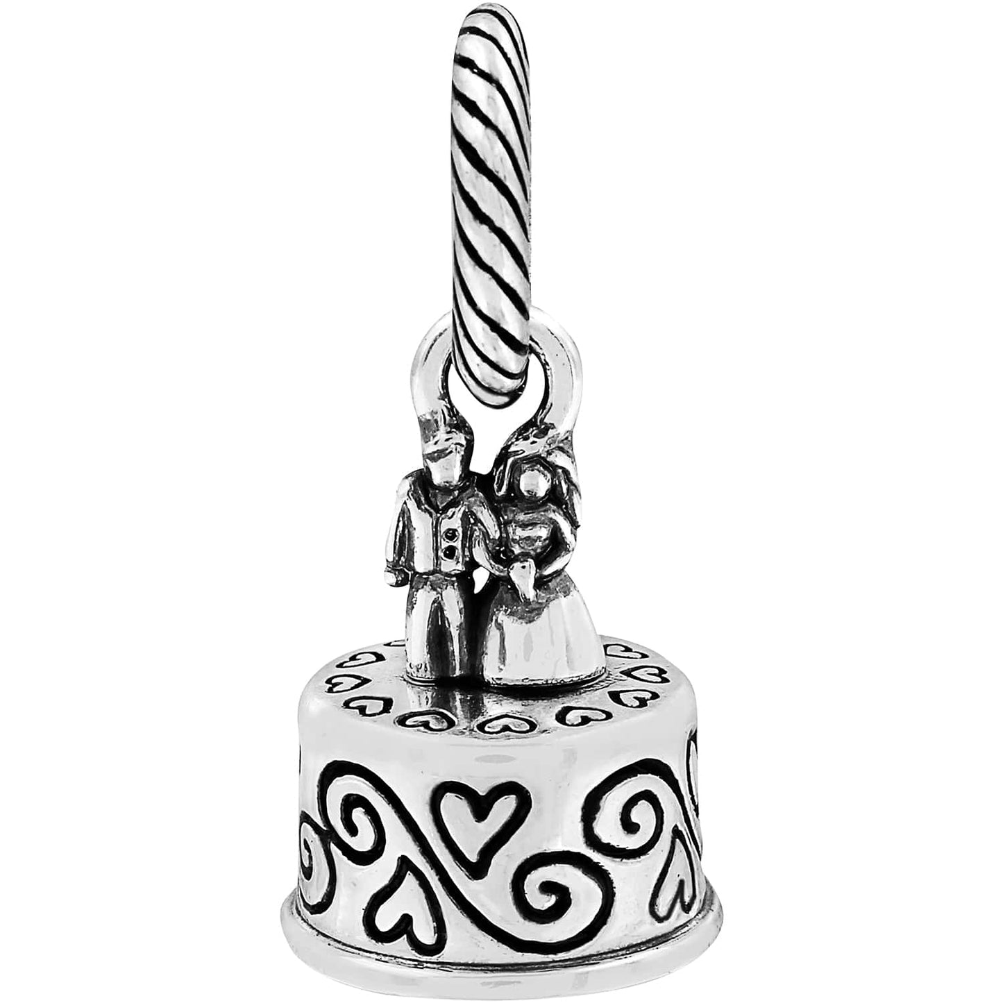 Brighton wedding cake charm with silver-plated bride and groom figures and heart scroll details on a white background