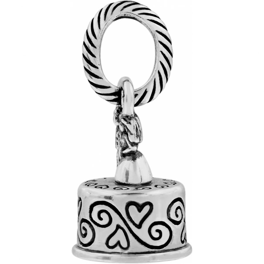 Brighton silver-plated cake charm with heart and scroll designs and twisted ring bail on a white background