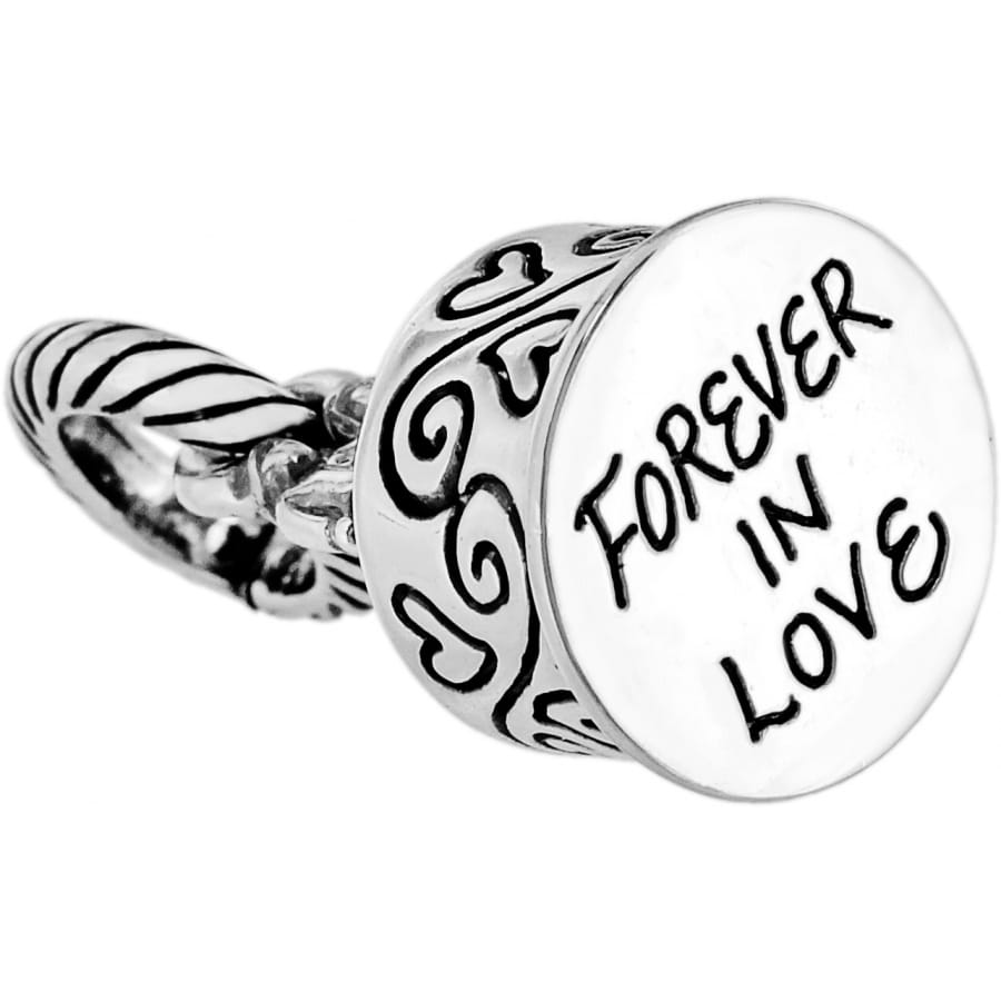 Brighton charm with silver-plated round Forever In Love engraved medallion and scrollwork detailing on a white background