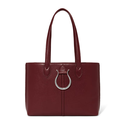 Brighton burgundy leather tote handbag with silver-tone horseshoe clasp, tall handles, and beaded side trim on a white background