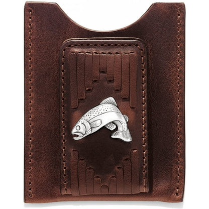 Brighton brown leather wallet with tooled accents and silver-tone trout fish emblem on a white background