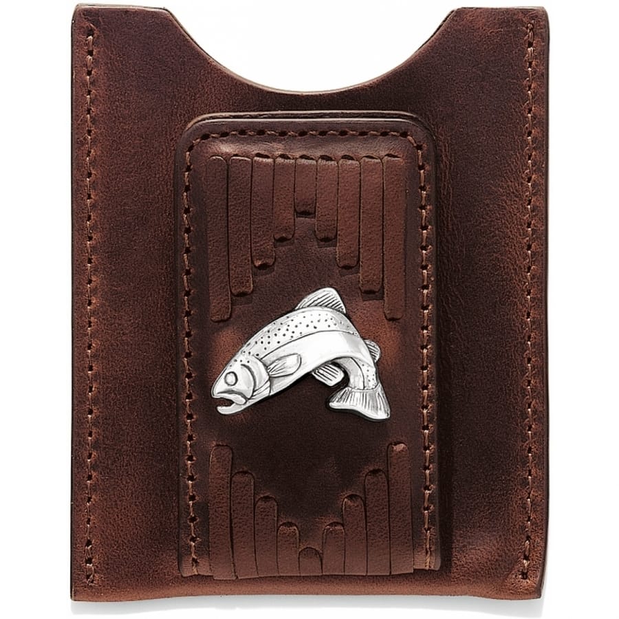 Brighton brown leather wallet with tooled accents and silver-tone trout fish emblem on a white background