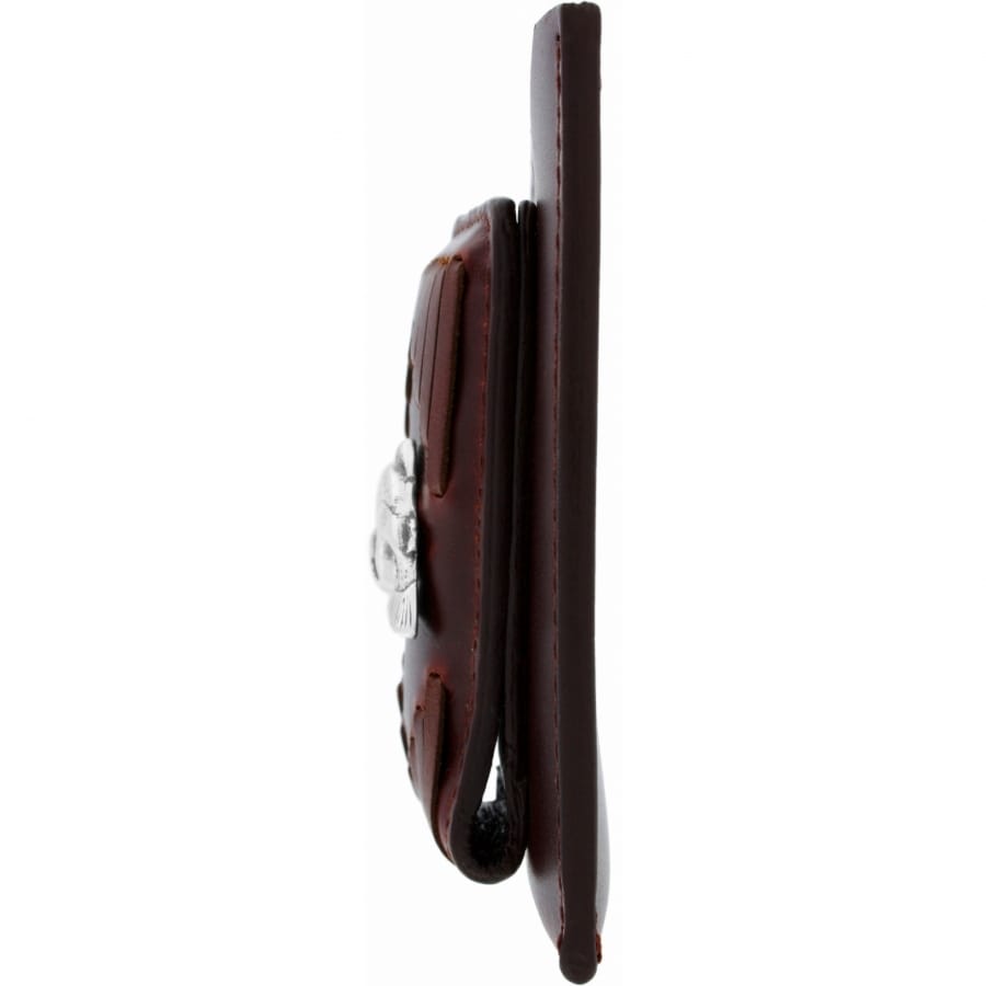Brighton brown leather wallet side view showing folded profile and silver-tone medallion accent on a white background
