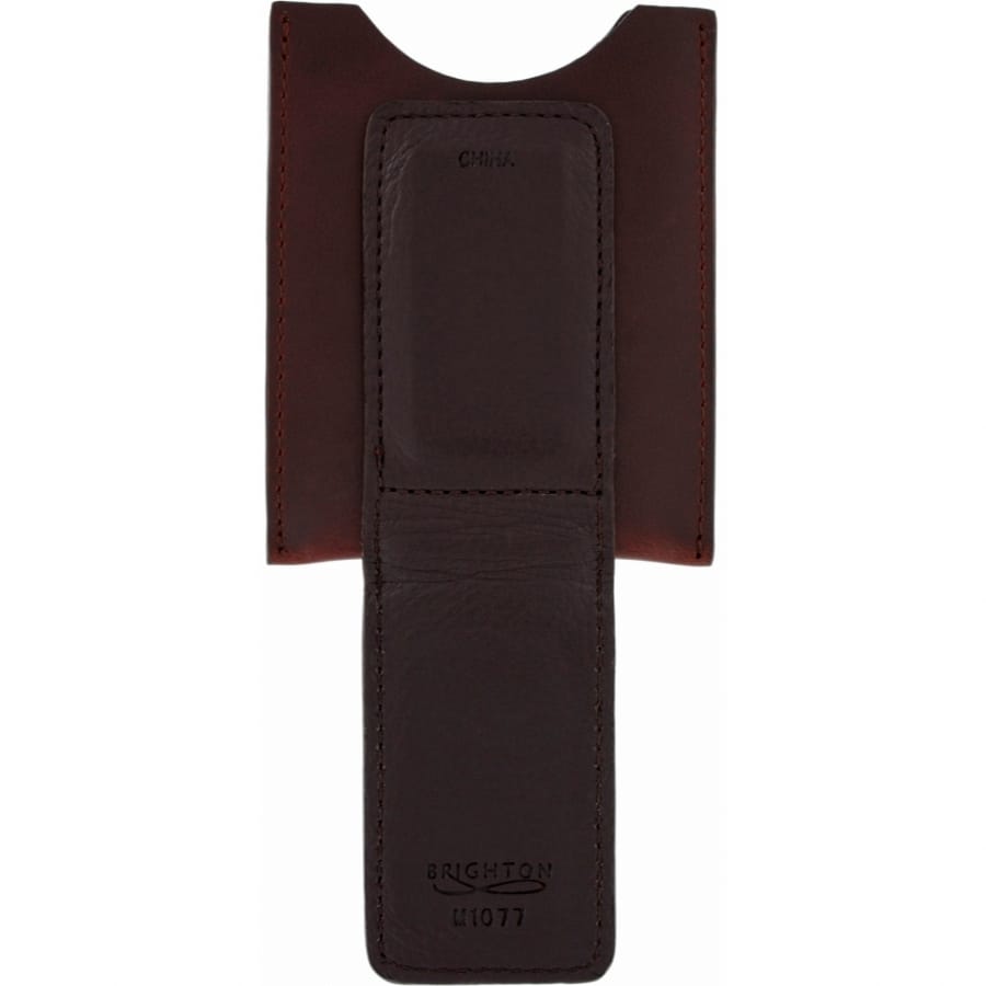Brighton brown leather pen case shown open with interior slot and embossed logo on a white background