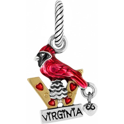 Brighton charm with red cardinal on two-tone Virginia state letters and small heart accent on a white background