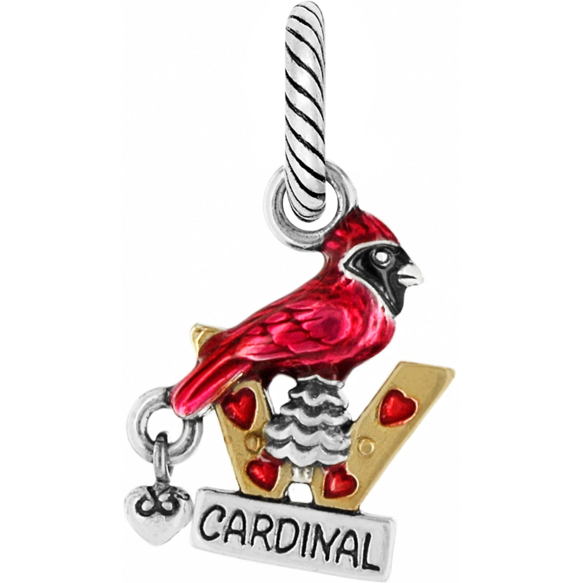Brighton cardinal charm with red enamel bird perched on gold-tone V with heart accents on a white background