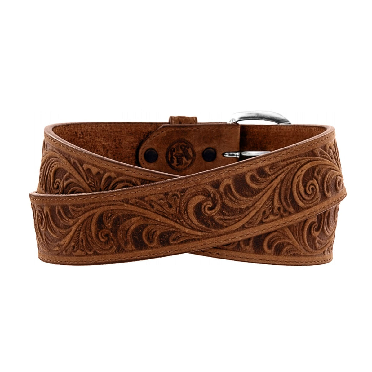 Brighton tooled leather belt with brown scroll embossed pattern and silver-tone buckle on a white background