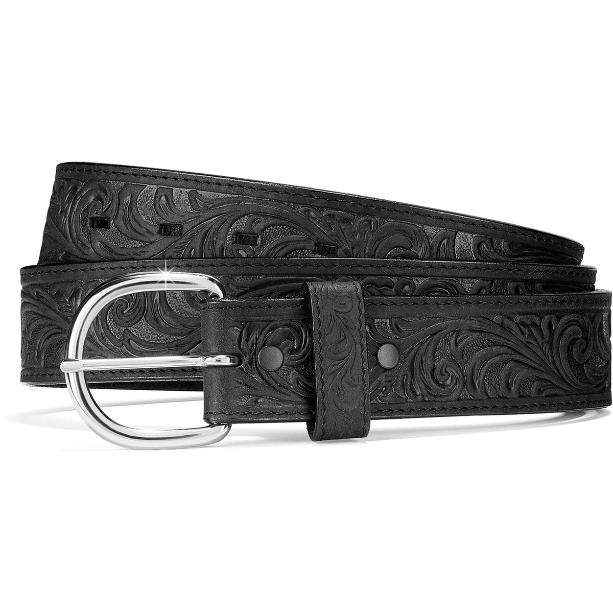Brighton belt in black tooled embossed leather with scrolling floral pattern and silver-tone buckle on a white background