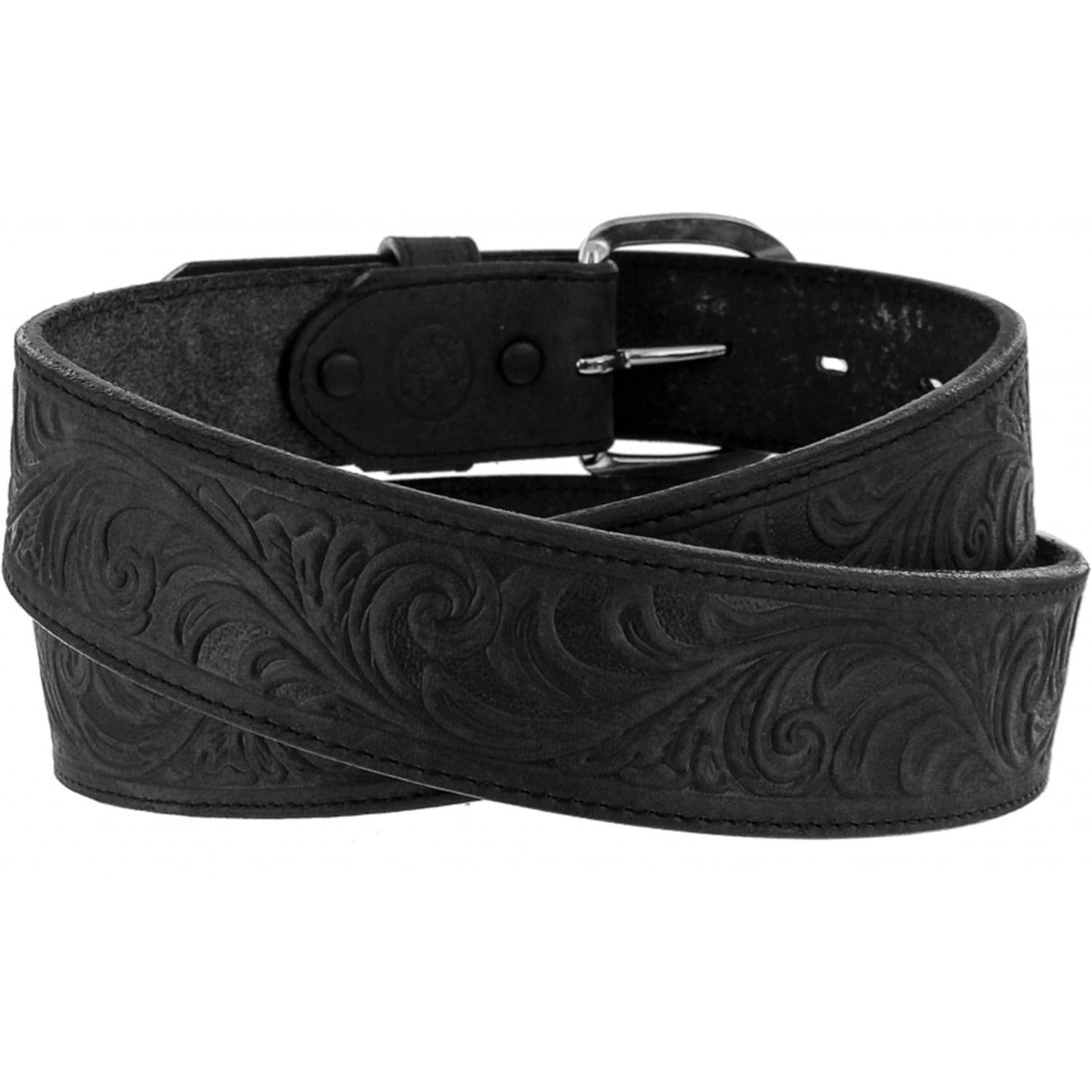 Brighton belt in black tooled leather with scroll embossed pattern and silver-tone buckle on a white background