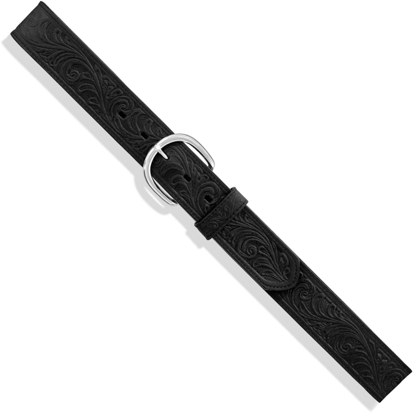 Brighton belt in black tooled embossed leather with scroll pattern and silver-tone curved buckle on a white background