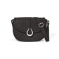 Brighton black leather crossbody handbag with silver-tone ring closure and adjustable shoulder strap on a white background