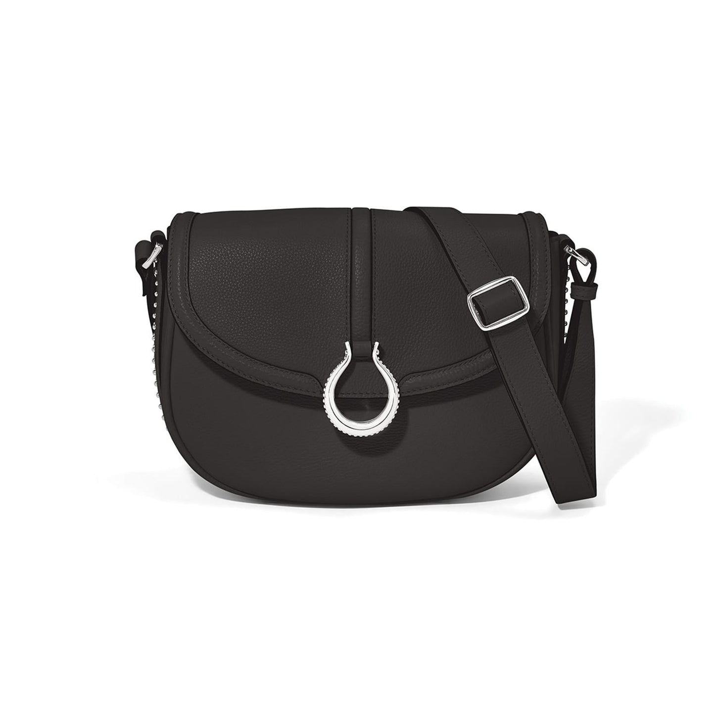 Brighton black leather crossbody handbag with silver-tone ring closure and adjustable shoulder strap on a white background