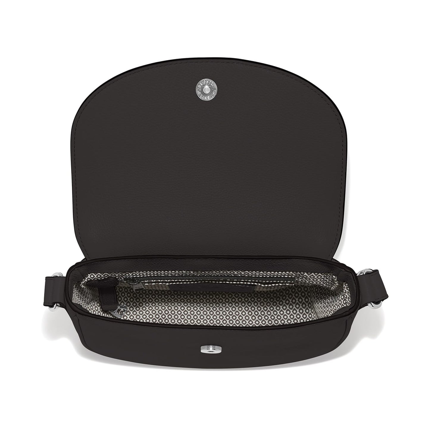 Brighton black handbag shown open with patterned interior lining, zip pocket, and silver-tone snap closure on a white background