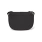 Brighton crossbody handbag shown from the back in black with silver-tone studded sides and adjustable strap on a white background