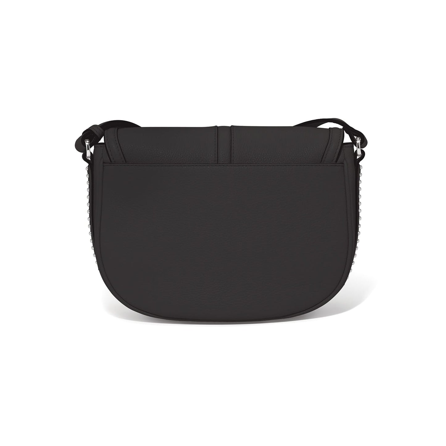 Brighton crossbody handbag shown from the back in black with silver-tone studded sides and adjustable strap on a white background
