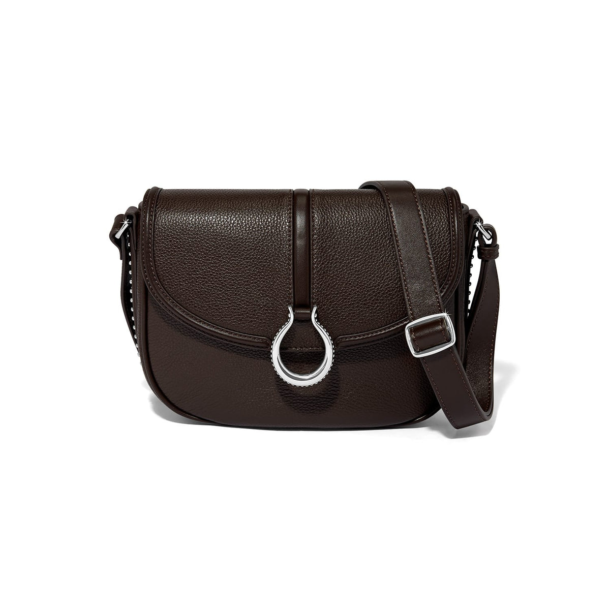 Brighton crossbody handbag in dark brown leather with silver-tone ring hardware and adjustable strap on a white background