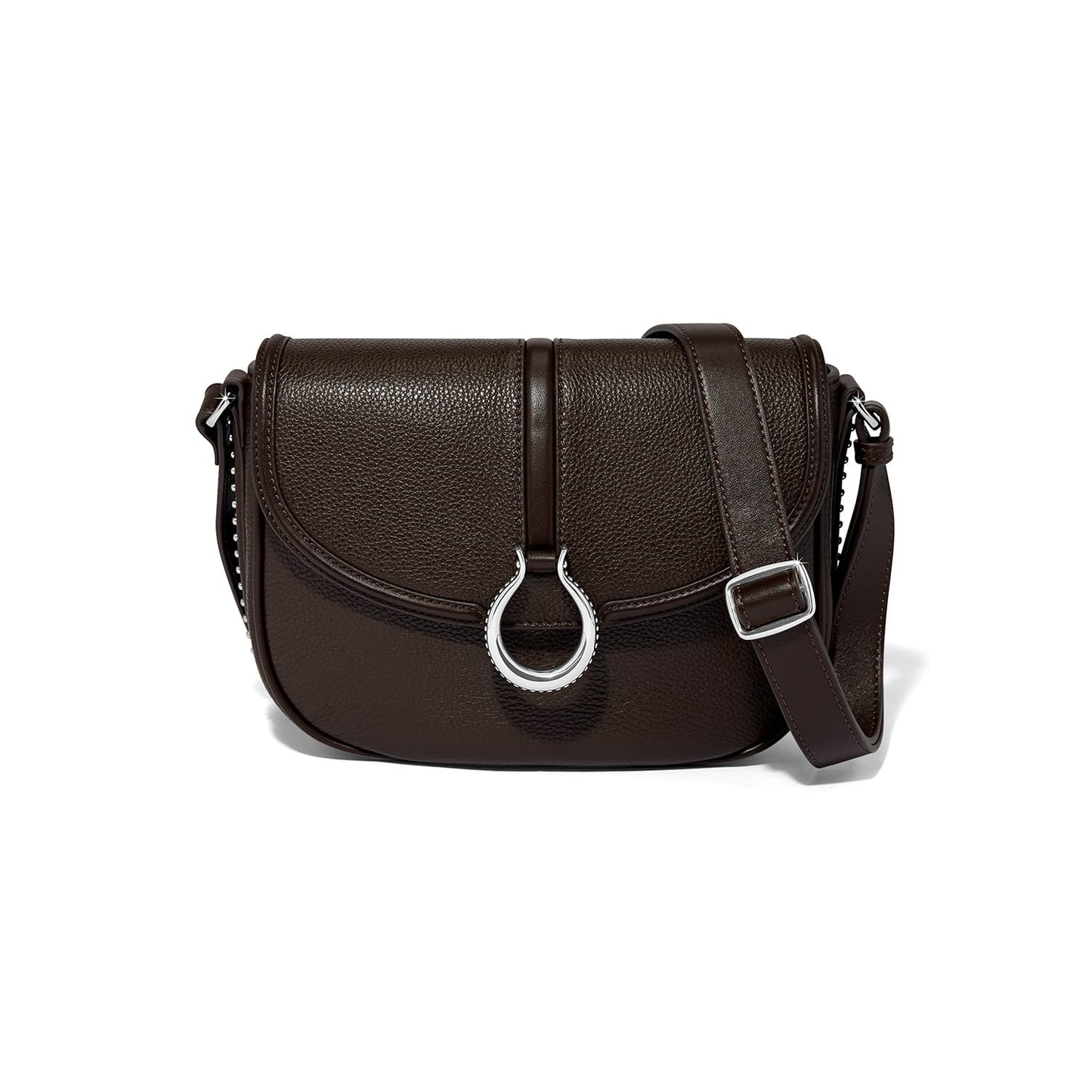 Brighton crossbody handbag in dark brown leather with silver-tone ring hardware and adjustable strap on a white background