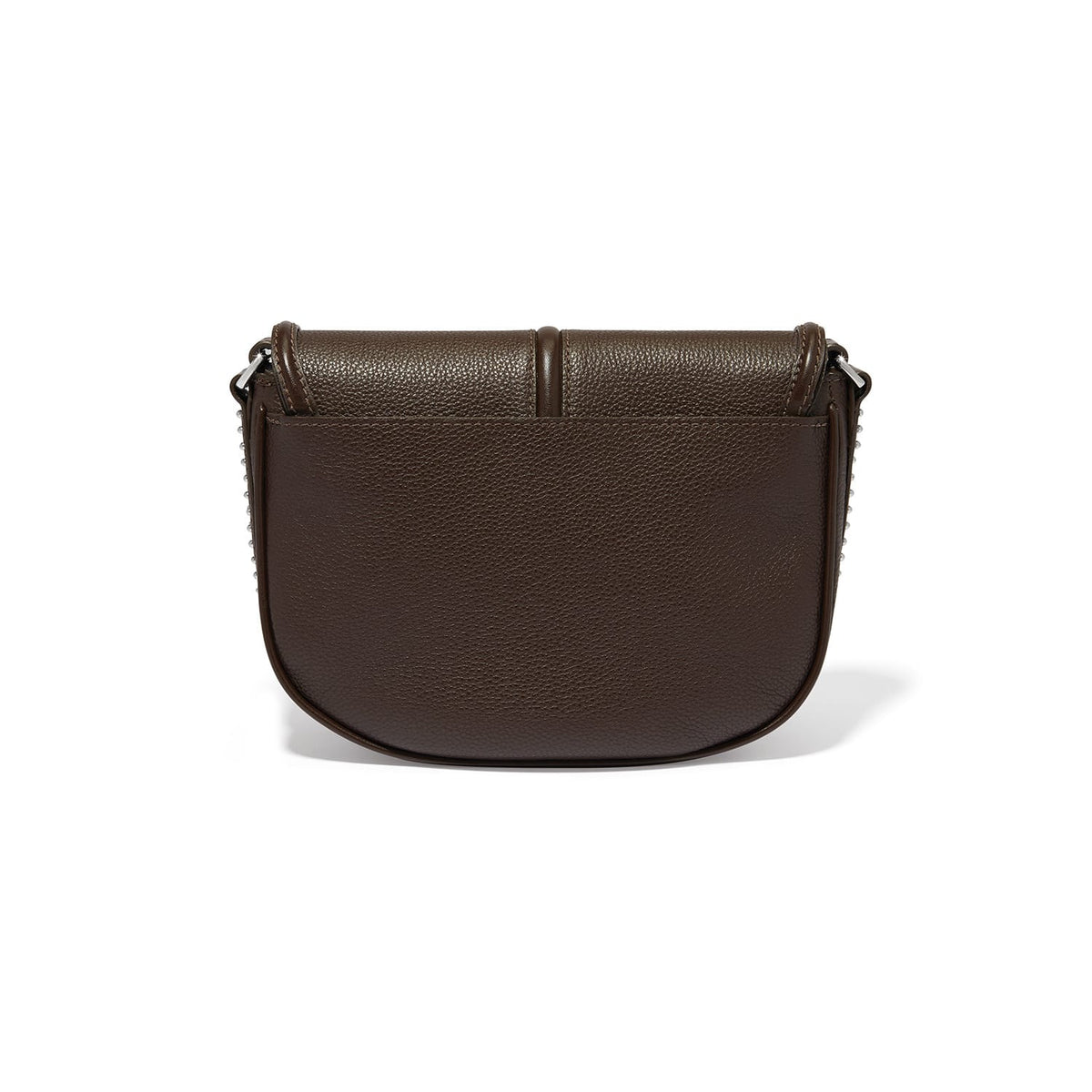 Brighton crossbody handbag shown from the back with brown pebbled leather and curved saddle silhouette on a white background