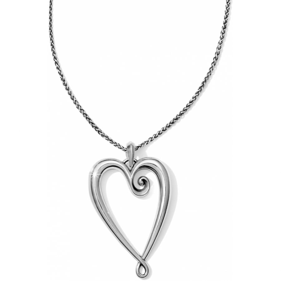 Brighton pendant necklace with silver-plated open heart design and swirl accent on braided chain on a white background
