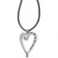 Brighton pendant necklace with silver-plated open heart design and engraved script on braided chain on a white background