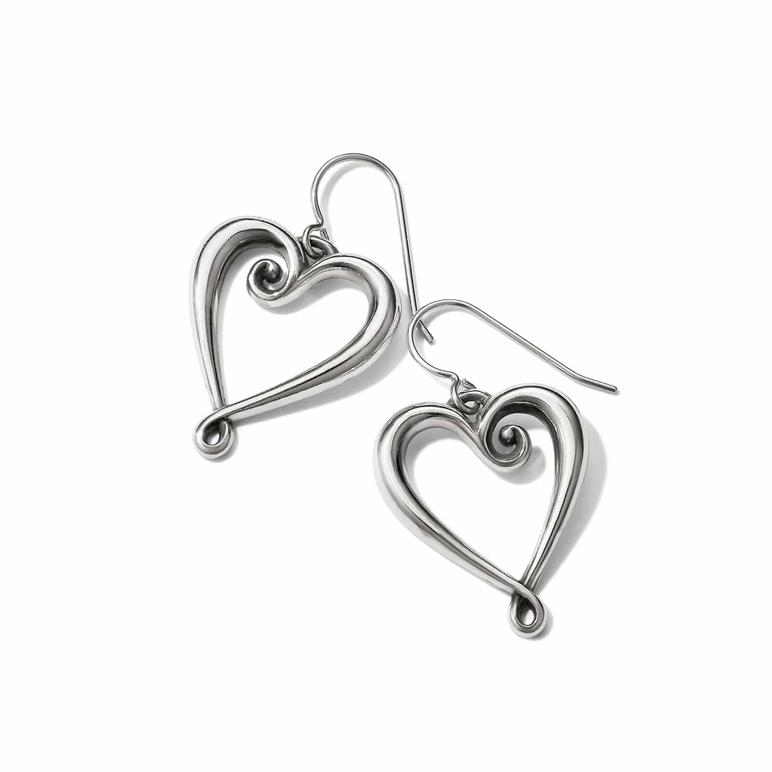 Brighton drop earrings with silver-plated open heart design and scroll detail on french hook wires on a white background