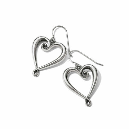 Brighton drop earrings with silver-plated open heart design and scroll detail on french hook wires on a white background
