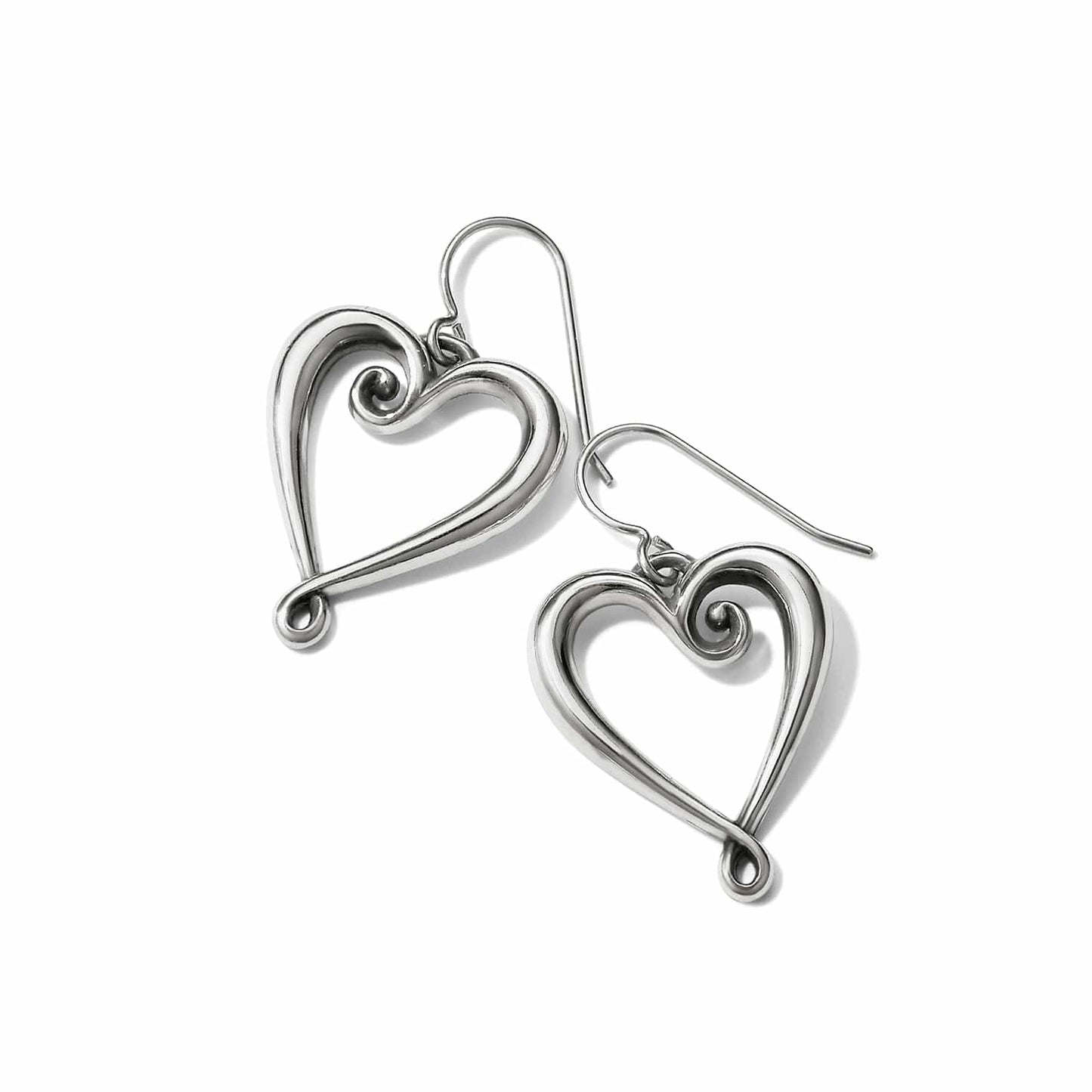 Brighton drop earrings with silver-plated open heart design and scroll detail on french hook wires on a white background