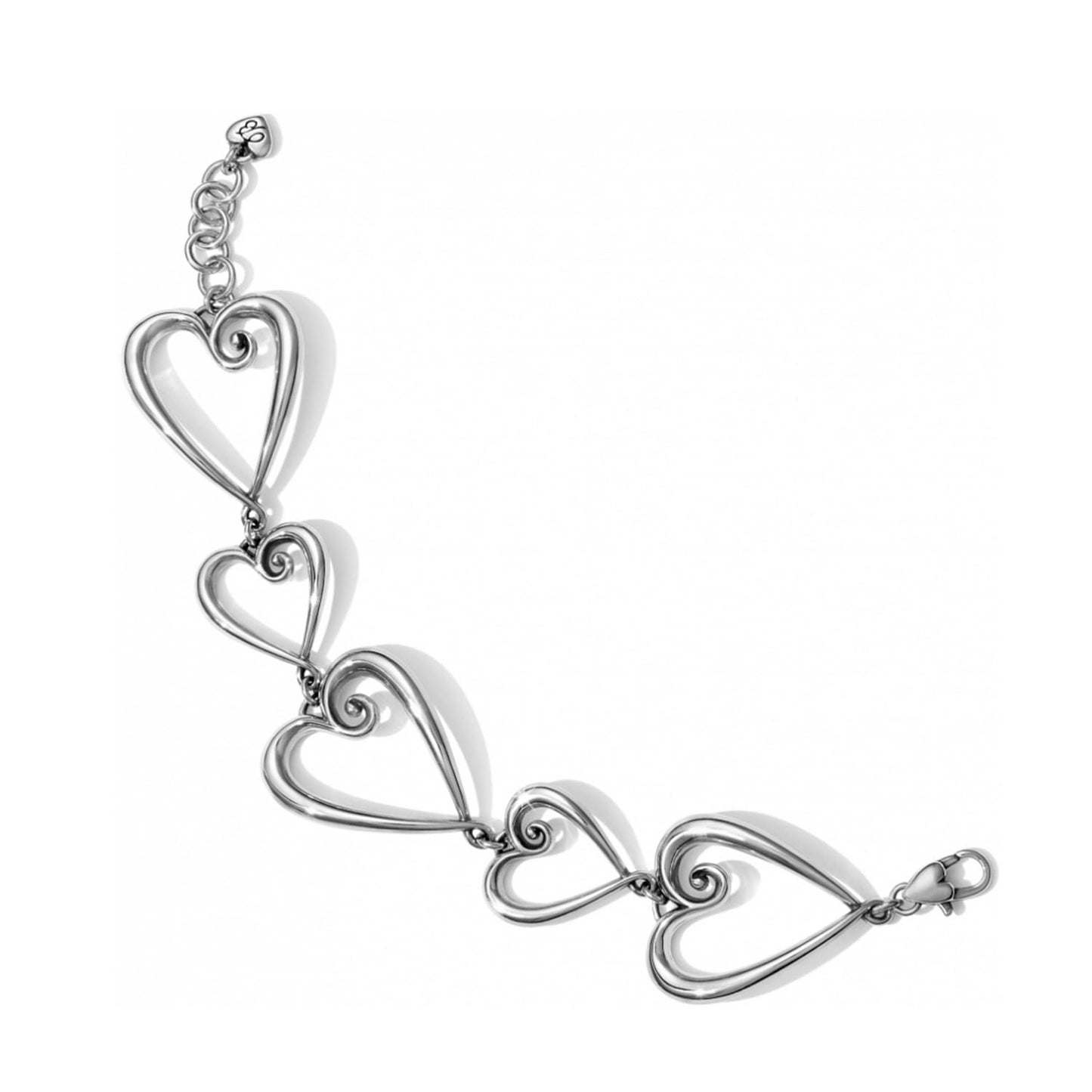 Brighton link bracelet with open heart shapes and swirl accents in silver-plated finish on a white background