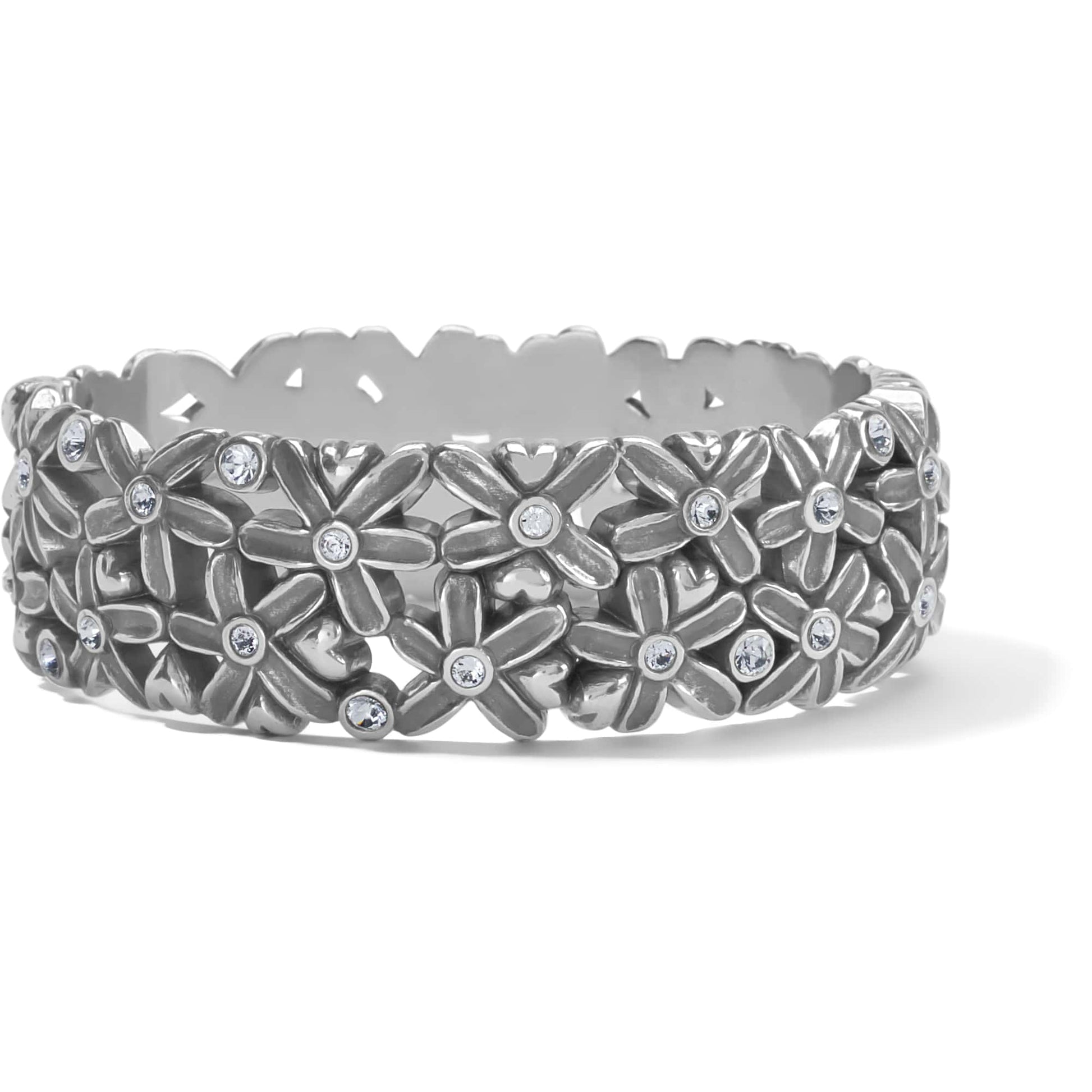 Brighton hinged bangle bracelet with silver-plated floral design and crystal centers on a white background