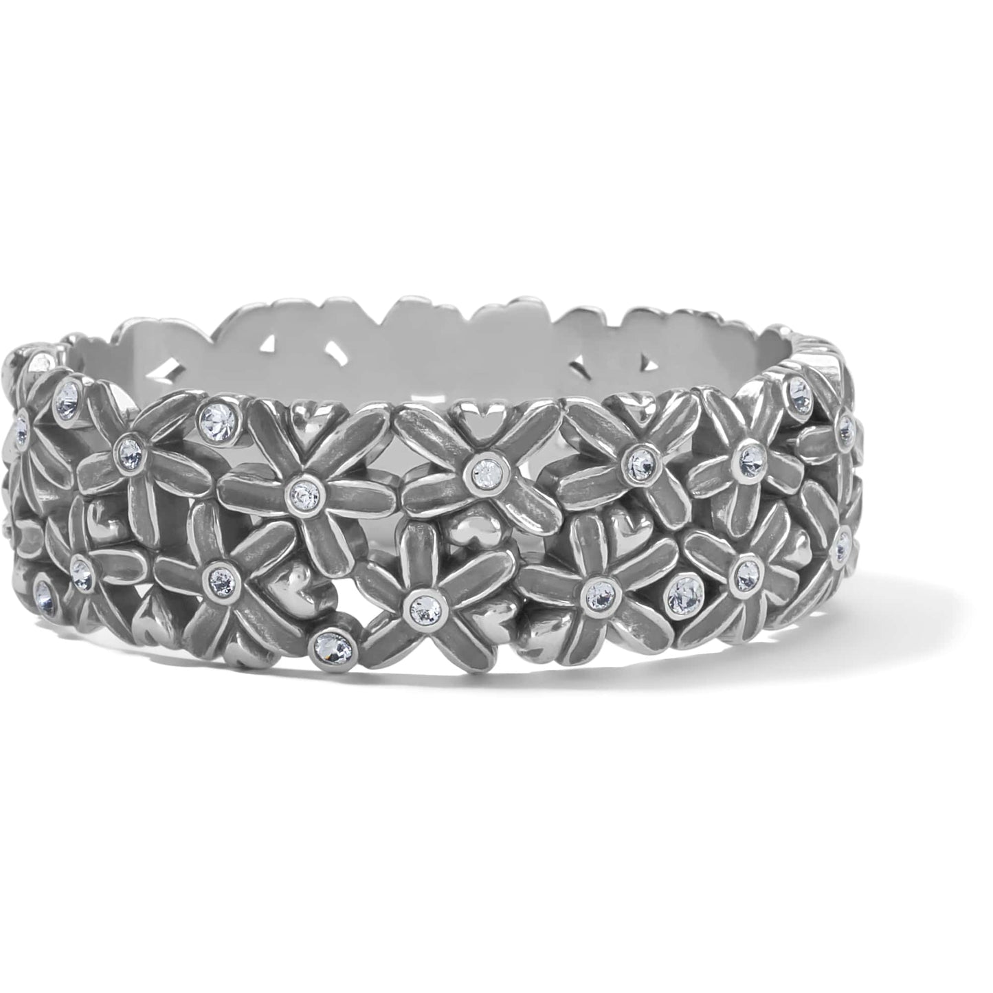Brighton hinged bangle bracelet with silver-plated floral design and crystal centers on a white background