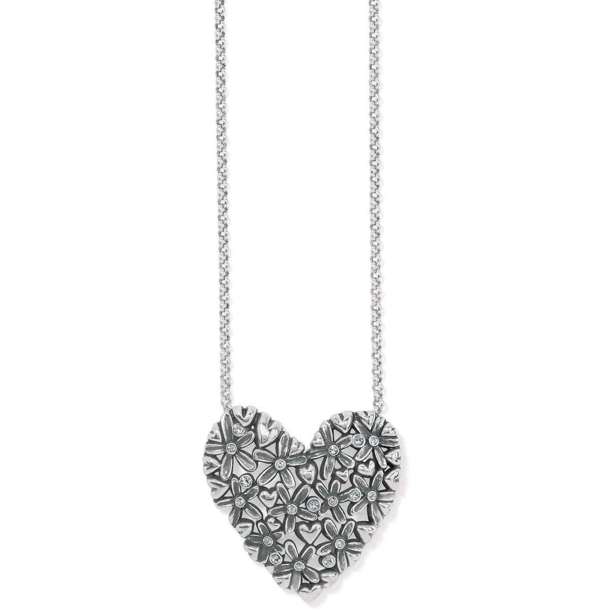 Brighton heart pendant necklace with silver-plated floral design and crystal accents on rolo chain on a white background