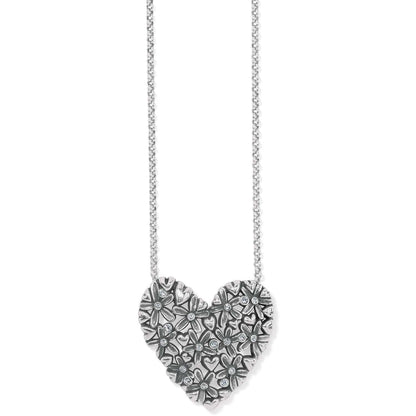 Brighton heart pendant necklace with silver-plated floral design and crystal accents on rolo chain on a white background