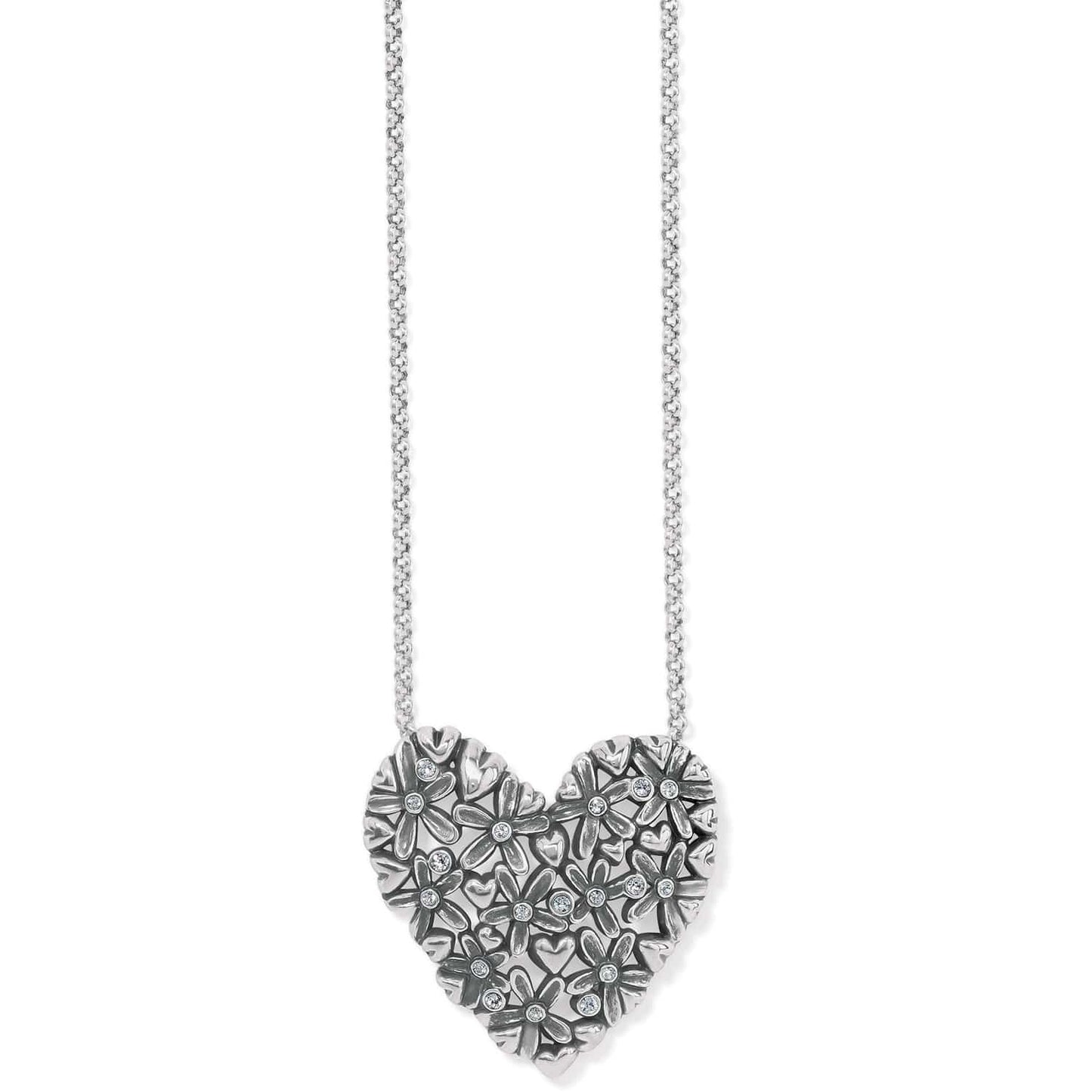 Brighton heart pendant necklace with silver-plated floral design and crystal accents on rolo chain on a white background