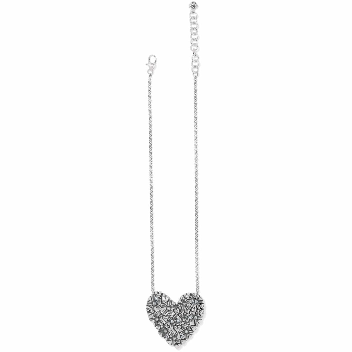 Brighton heart pendant necklace with silver-plated floral texture and crystal accents on a white background