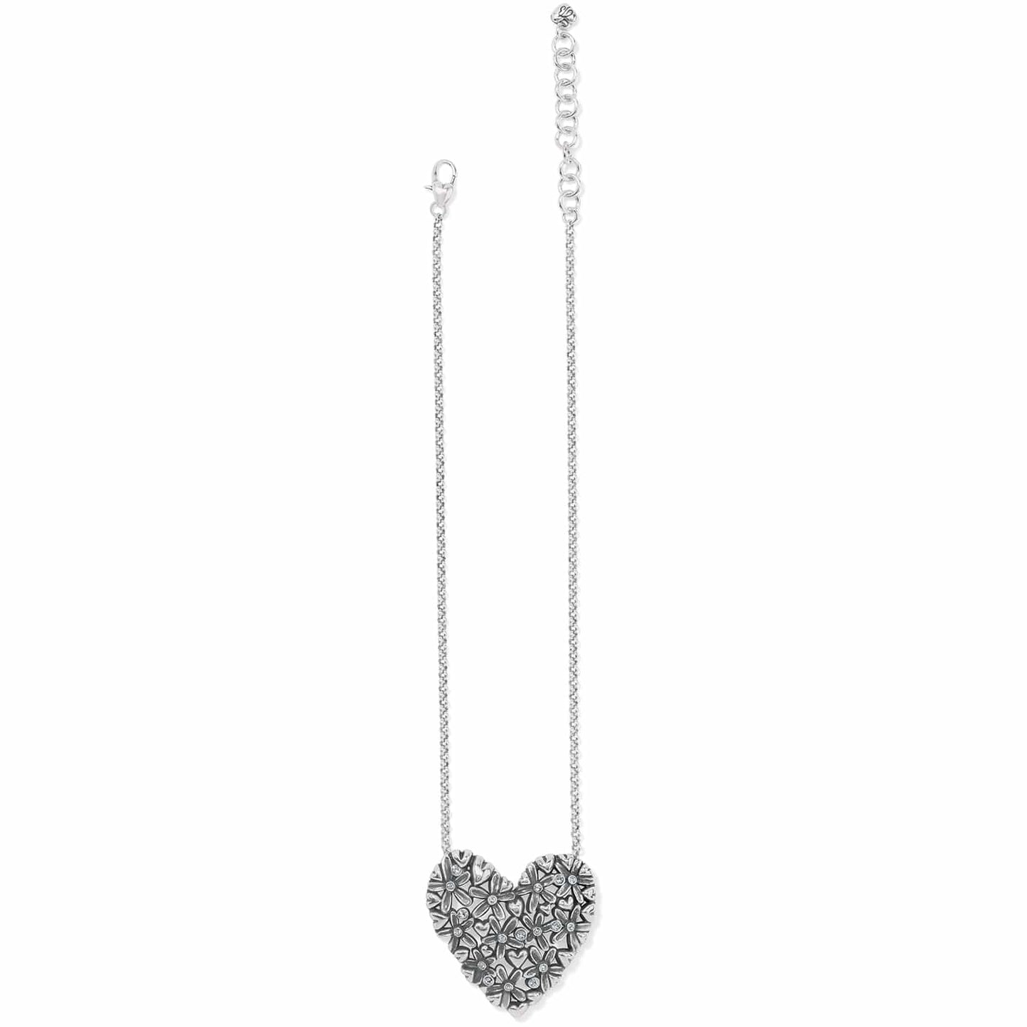 Brighton heart pendant necklace with silver-plated floral texture and crystal accents on a white background