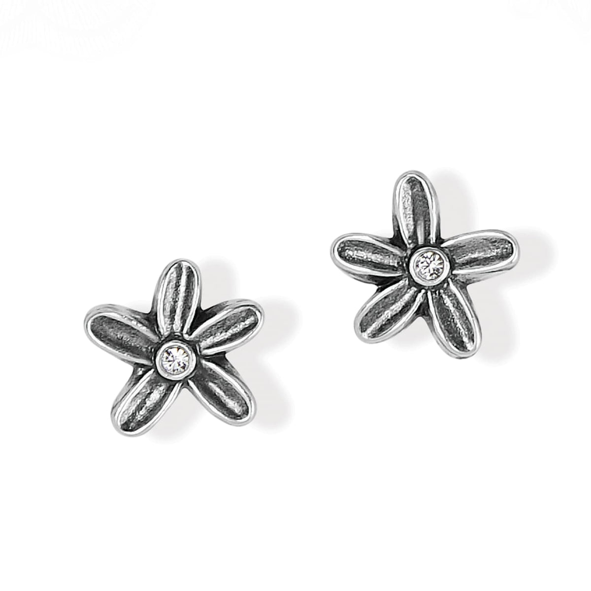 Brighton stud earrings with silver-plated flower design and crystal centers on a white background