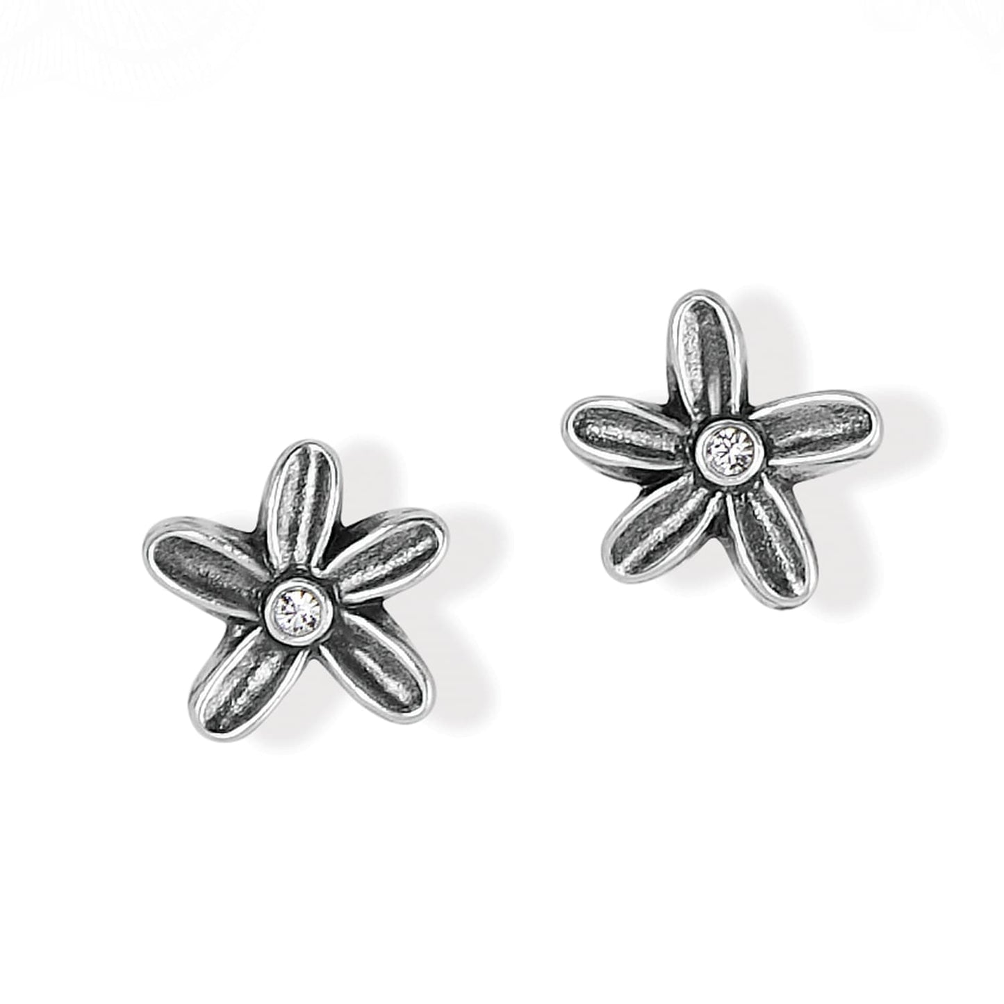 Brighton stud earrings with silver-plated flower design and crystal centers on a white background