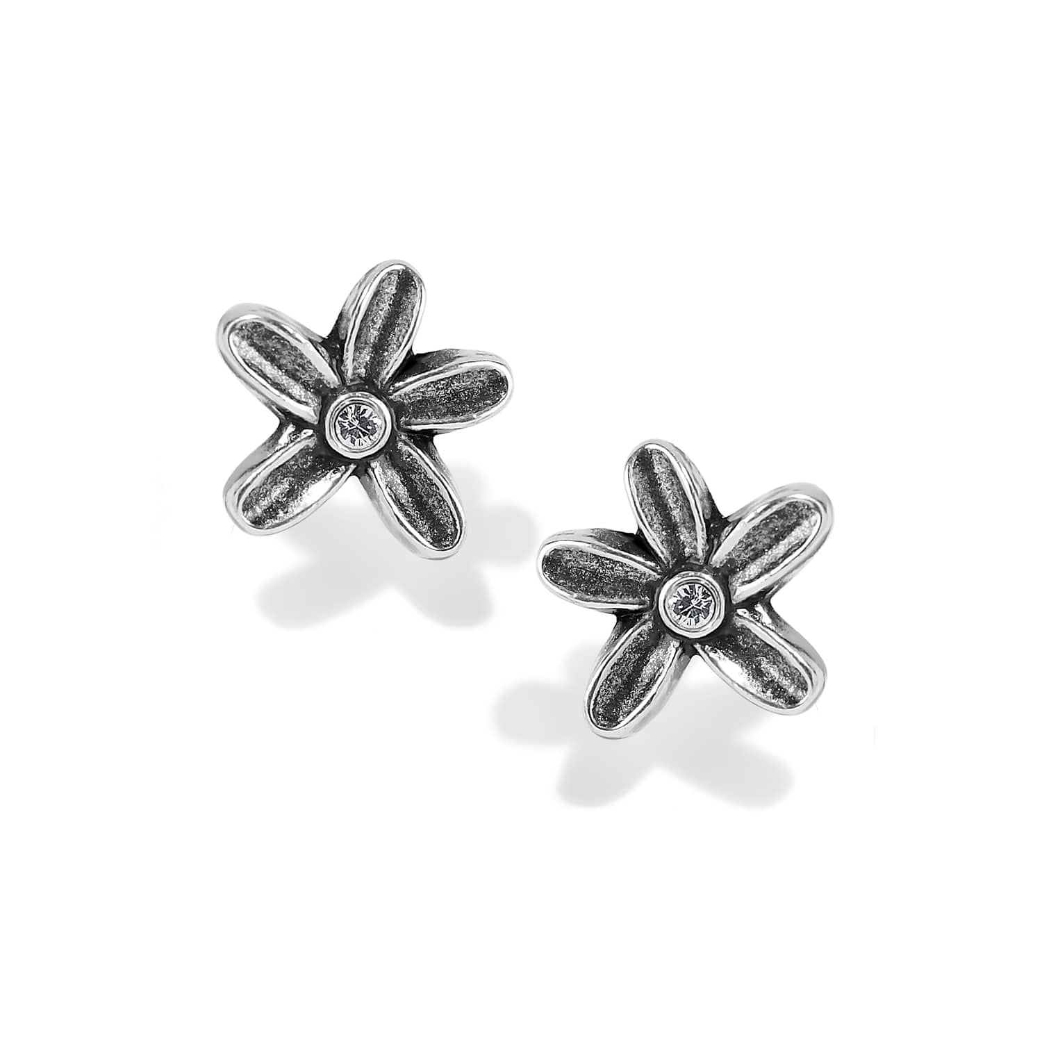 Brighton stud earrings with silver-plated flower design and crystal centers on a white background