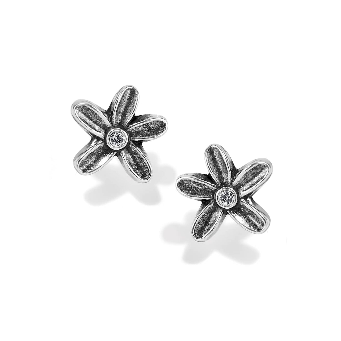 Brighton stud earrings with silver-plated flower design and crystal centers on a white background