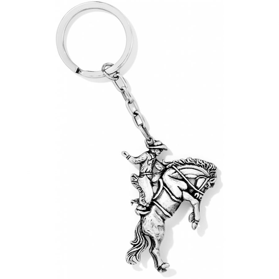 Brighton keychain with silver-plated bucking bronco and cowboy charm on a split ring on a white background