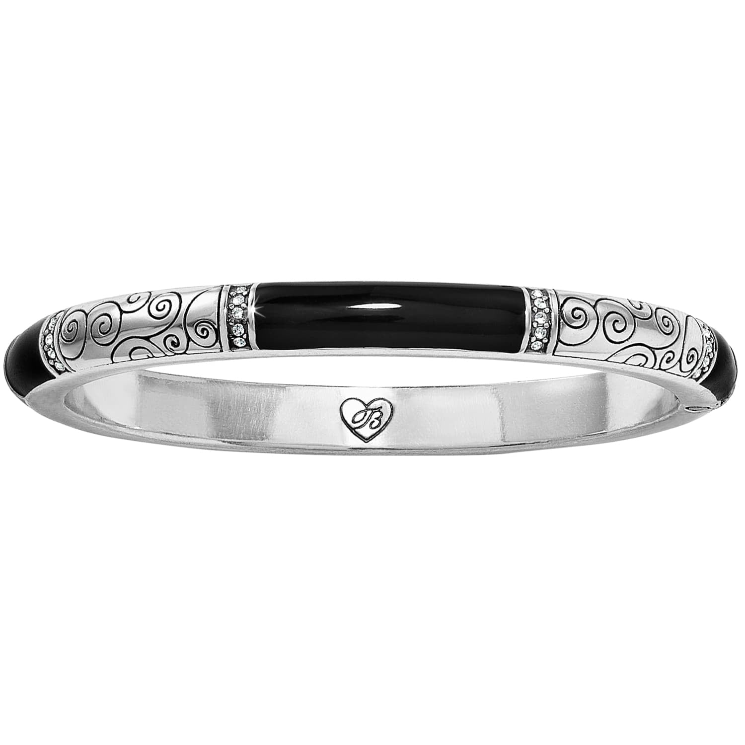 Brighton silver-plated bangle bracelet with black enamel panels, scroll engraving, and crystal accents on a white background