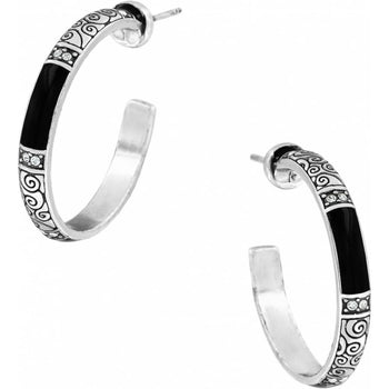 Brighton silver-plated hoop earrings with black enamel inlay, scroll detailing, and crystal accents on a white background