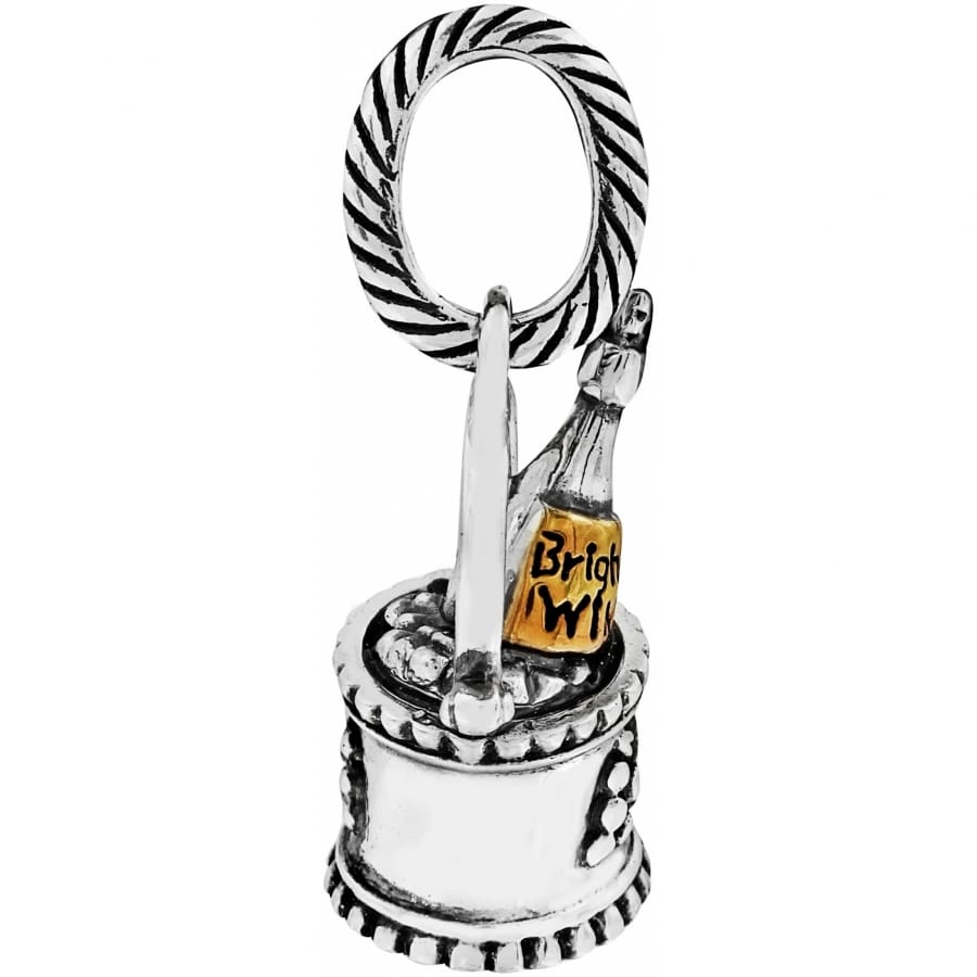 Brighton charm featuring silver-tone champagne bucket with two-tone gold-labeled bottle and rope-textured loop on a white background