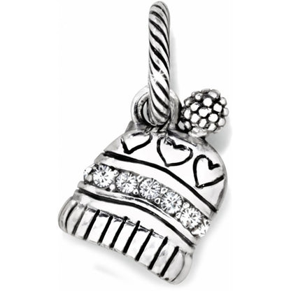 Brighton beanie hat charm with silver-plated finish, crystal band, heart details, and pom-pom accent on a white background