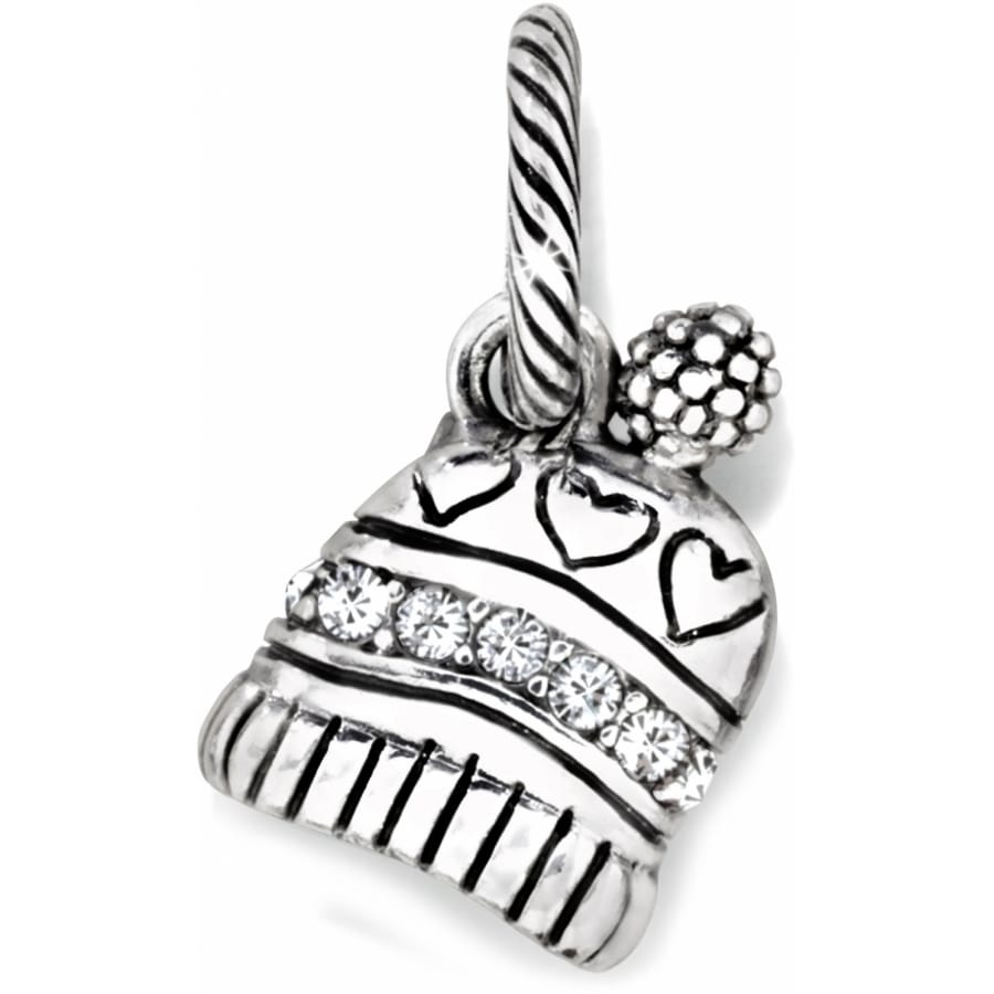 Brighton beanie hat charm with silver-plated finish, crystal band, heart details, and pom-pom accent on a white background