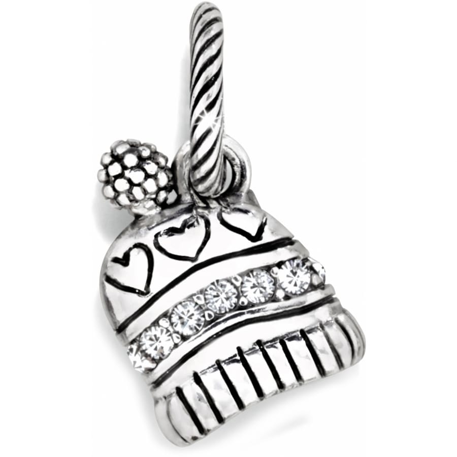 Brighton winter hat charm with silver-plated pom-pom, heart details, and crystal band on a white background